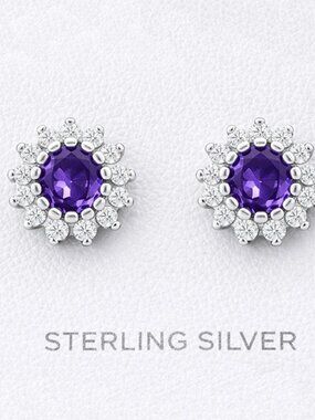 Created 1.04 Cts Amethyst & White Sapphire Flower Stud Earrings .925 Silver